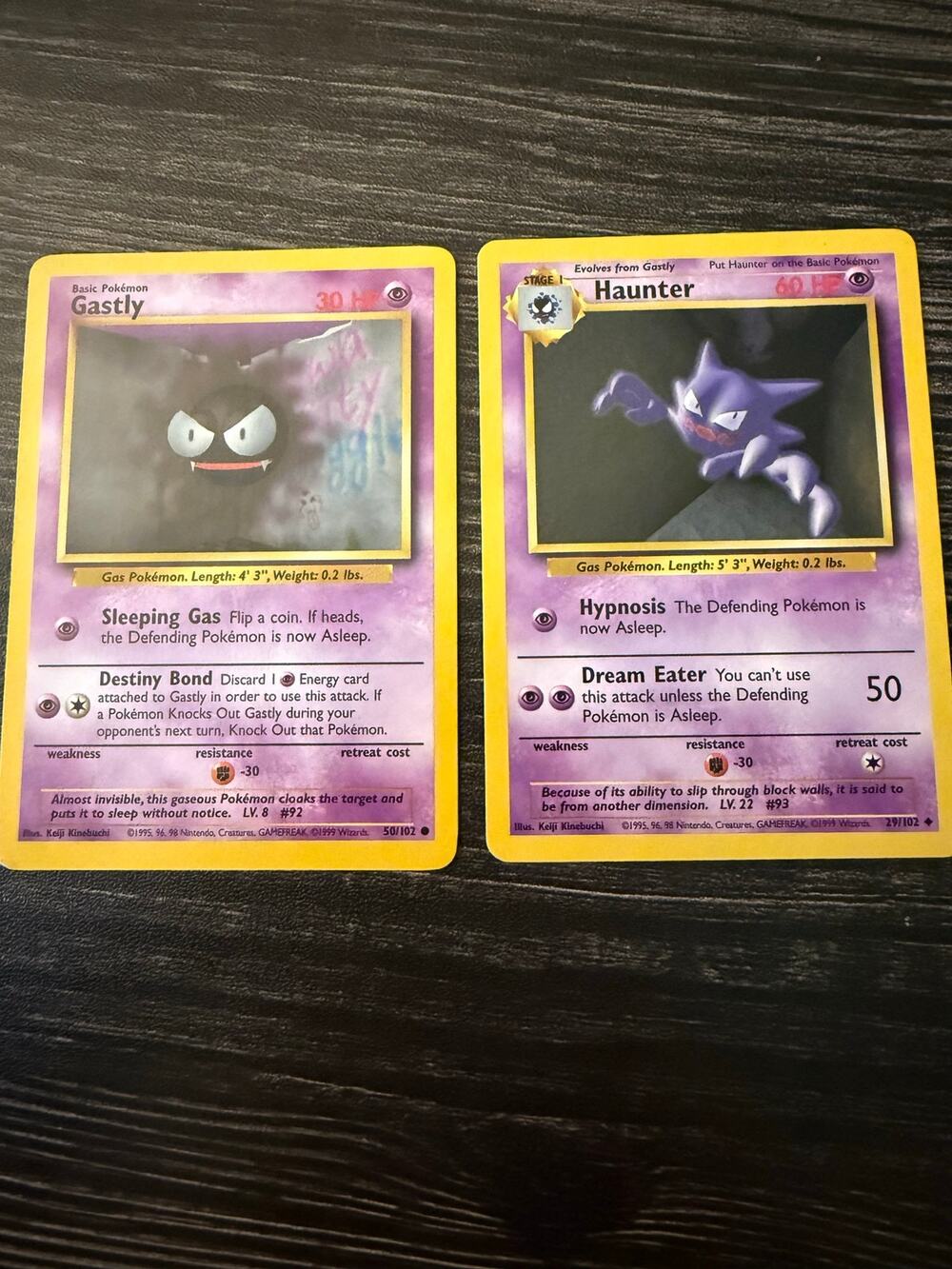 Vintage 1999 Pokémon Base Set Shadowless Gastly & Haunter Cards Lot